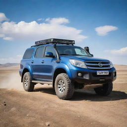 A rugged and durable Mongolian off-road vehicle, built to handle the country's diverse terrains, from its vast steppe to the Gobi desert, under the grandeur of the vast blue sky