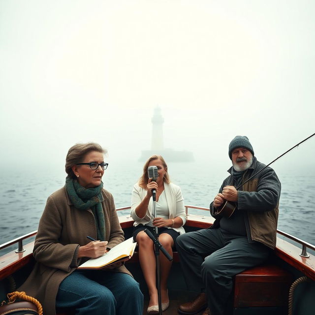 A full boat cinematic composition featuring three distinct characters set against a misty ocean backdrop