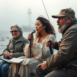 A full boat cinematic composition featuring three distinct characters set against a misty ocean backdrop