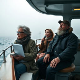 A full boat cinematic composition featuring three distinct characters set against a misty ocean backdrop