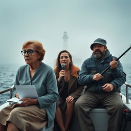 A full boat cinematic composition featuring three distinct characters set against a misty ocean backdrop