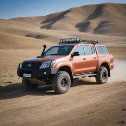 A rugged and durable Mongolian off-road vehicle, built to handle the country's diverse terrains, from its vast steppe to the Gobi desert, under the grandeur of the vast blue sky