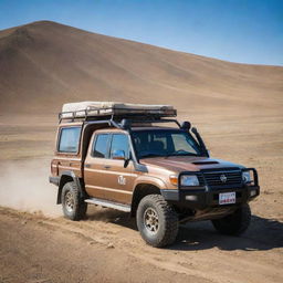 A rugged and durable Mongolian off-road vehicle, built to handle the country's diverse terrains, from its vast steppe to the Gobi desert, under the grandeur of the vast blue sky