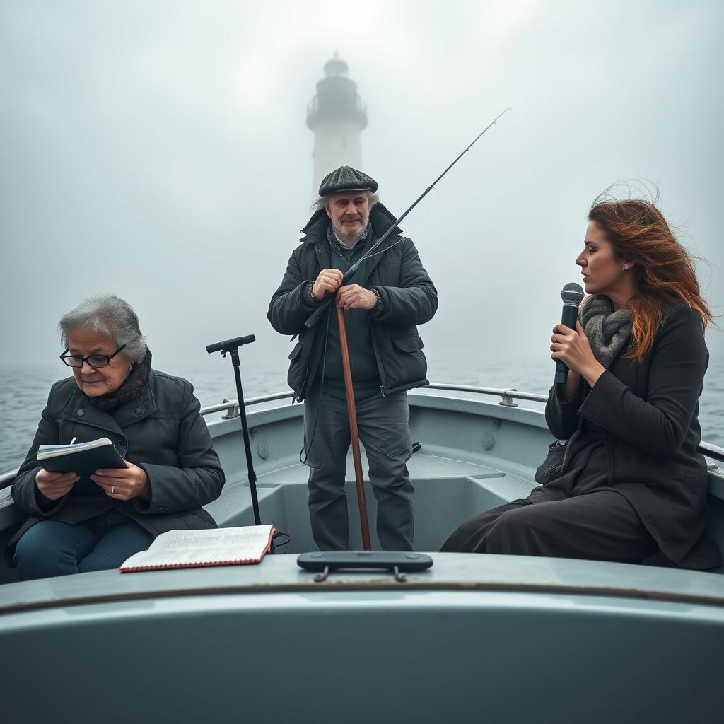 A full boat cinematic composition depicting a tranquil scene on a misty ocean