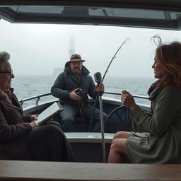 A full boat cinematic composition depicting a tranquil scene on a misty ocean