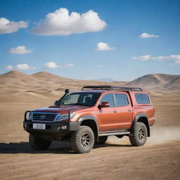 A rugged and durable Mongolian off-road vehicle, built to handle the country's diverse terrains, from its vast steppe to the Gobi desert, under the grandeur of the vast blue sky