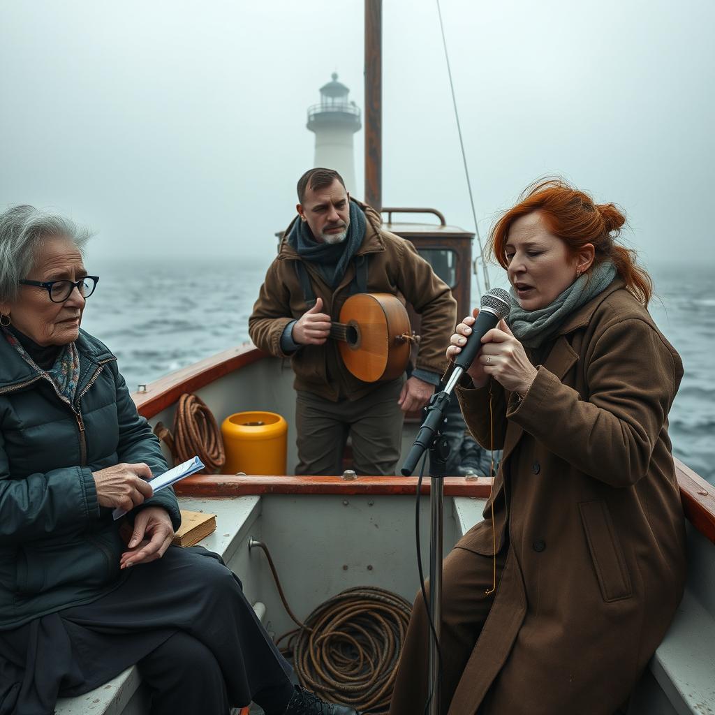 A full boat cinematic composition showcasing a tranquil scene on a misty ocean