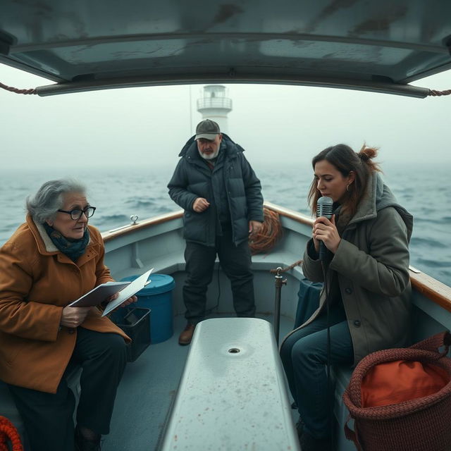 A full boat cinematic composition showcasing a tranquil scene on a misty ocean