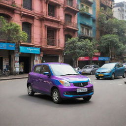 A modern compact Indian car with unique design features, vibrant color, and high-tech interior, driving on the colorful, bustling streets of Mumbai with recognizable Indian architecture in the background