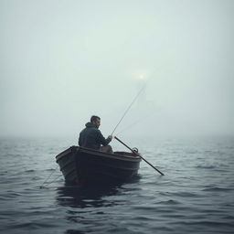 A cinematic shot of a solitary fisherman sitting in a small boat on a misty ocean