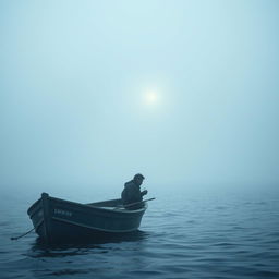 A cinematic shot of a solitary fisherman sitting in a small boat on a misty ocean