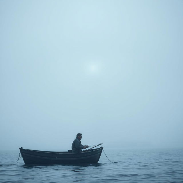 A cinematic shot of a solitary fisherman sitting in a small boat on a misty ocean