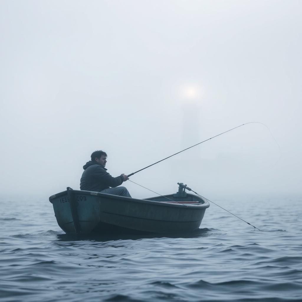 A cinematic shot of a solitary fisherman sitting in a small boat on a misty ocean