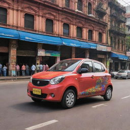 A modern compact Indian car with unique design features, vibrant color, and high-tech interior, driving on the colorful, bustling streets of Mumbai with recognizable Indian architecture in the background