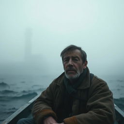 A cinematic close-up shot of an emotional fisherman sitting in a small boat on a misty ocean