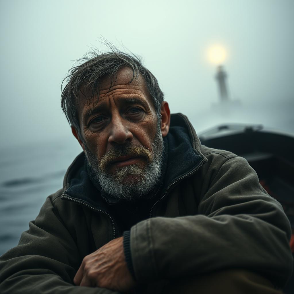 A cinematic close-up shot of an emotional fisherman sitting in a small boat on a misty ocean