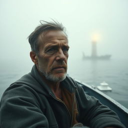 A cinematic close-up shot of an emotional fisherman sitting in a small boat on a misty ocean