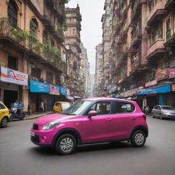 A modern compact Indian car with unique design features, vibrant color, and high-tech interior, driving on the colorful, bustling streets of Mumbai with recognizable Indian architecture in the background