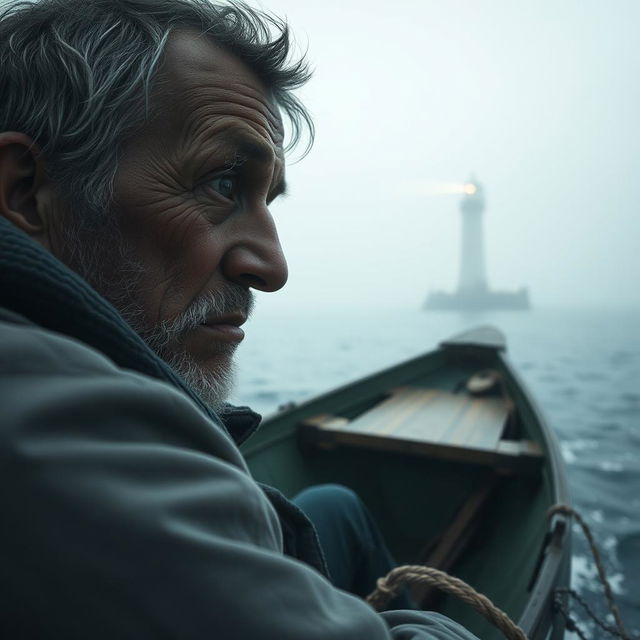 A cinematic close-up shot of an emotional fisherman sitting in a small boat on a misty ocean