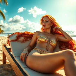 A stunning and vibrant scene of Sadie Sink, the redheaded actress, reclining on a luxurious sunbed at a tropical beach, wearing a tiny gold thong bikini that sparkles under the warm sunlight