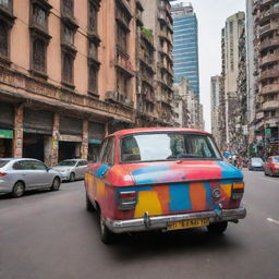 A modern compact Indian car with unique design features, vibrant color, and high-tech interior, driving on the colorful, bustling streets of Mumbai with recognizable Indian architecture in the background