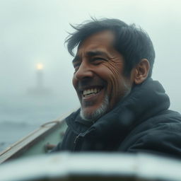 A cinematic close-up shot of an emotional fisherman sitting in a small boat on a misty ocean