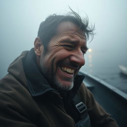 A cinematic close-up shot of an emotional fisherman sitting in a small boat on a misty ocean