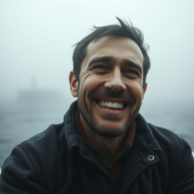 A cinematic close-up shot of an emotional fisherman sitting in a small boat on a misty ocean