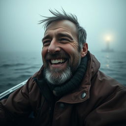 A cinematic close-up shot of an emotional fisherman sitting in a small boat on a misty ocean