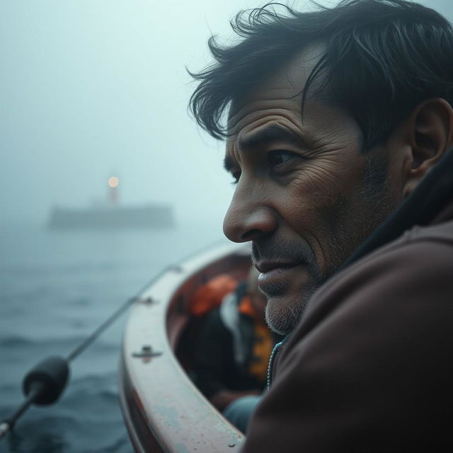 A cinematic close-up shot of an emotional fisherman sitting in a small boat on a misty ocean