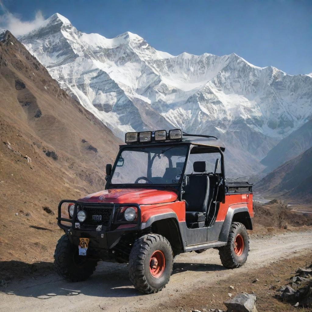 An all-terrain vehicle from Nepal, equipped to handle mountainous terrain, displaying a mix of traditional and modern design aesthetics, traversing the rugged, scenic trails of the Himalayas, with snow-capped peaks in the backdrop