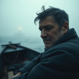 A cinematic close-up shot of an emotional fisherman sitting in a small boat on a misty ocean