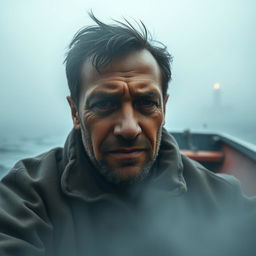 A cinematic close-up shot of an emotional fisherman sitting in a small boat on a misty ocean
