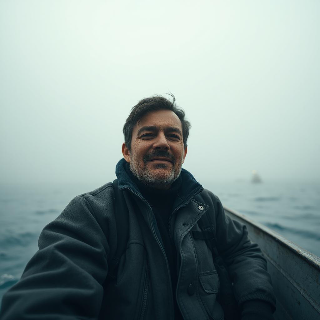 A cinematic close-up shot of an emotional fisherman sitting in a small boat on a misty ocean