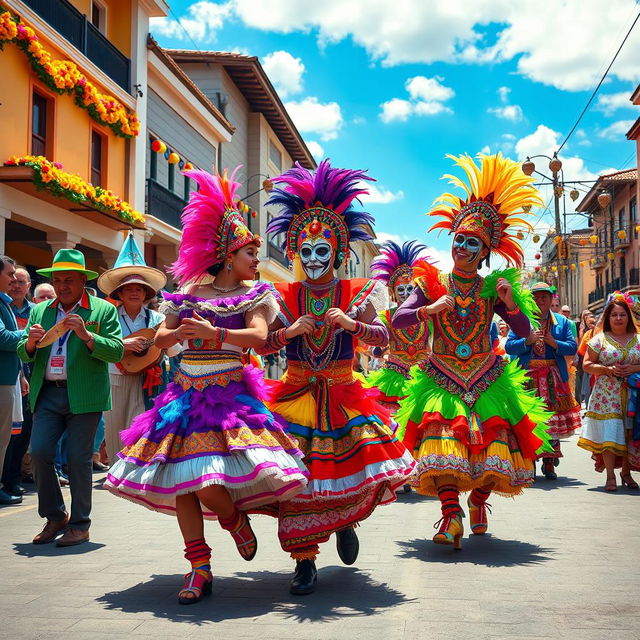 An exuberant depiction of a Bolivian Carnaval celebration, showcasing colorful traditional costumes and lively dancers