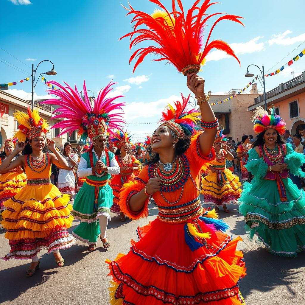 An exuberant depiction of a Bolivian Carnaval celebration, showcasing colorful traditional costumes and lively dancers