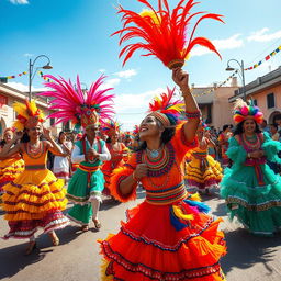 An exuberant depiction of a Bolivian Carnaval celebration, showcasing colorful traditional costumes and lively dancers