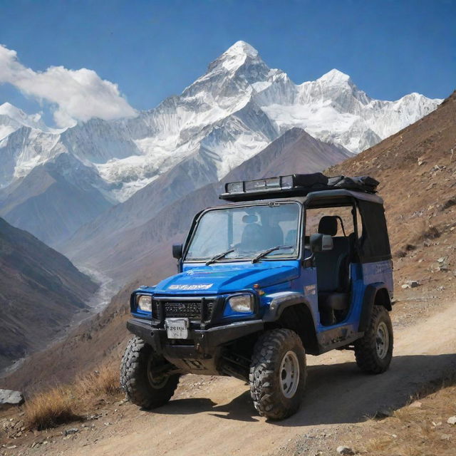 An all-terrain vehicle from Nepal, equipped to handle mountainous terrain, displaying a mix of traditional and modern design aesthetics, traversing the rugged, scenic trails of the Himalayas, with snow-capped peaks in the backdrop