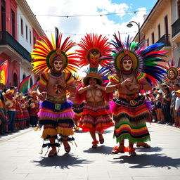 An exuberant depiction of a Bolivian Carnaval celebration, showcasing colorful traditional costumes and lively dancers