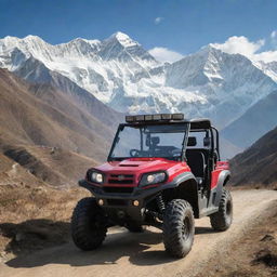 An all-terrain vehicle from Nepal, equipped to handle mountainous terrain, displaying a mix of traditional and modern design aesthetics, traversing the rugged, scenic trails of the Himalayas, with snow-capped peaks in the backdrop