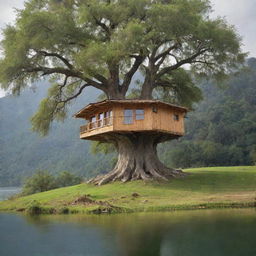 Una casa de madera en un árbol frondoso, con un fondo montañoso y prados verdes con árboles y al fondo un lago y un riachuelo en frente de la casa del árbol