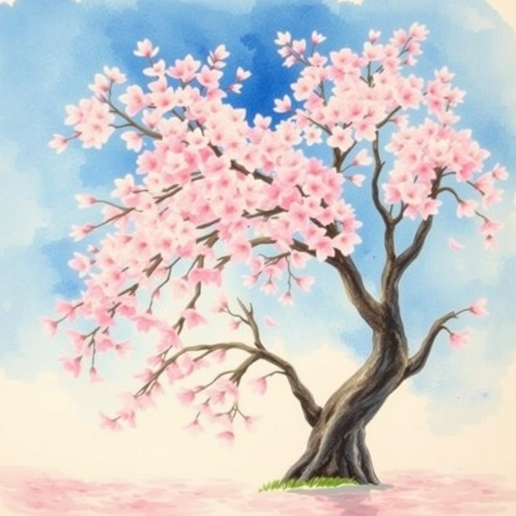 A beautiful cherry blossom tree in full bloom, with delicate pink flowers covering the branches and a serene blue sky in the background