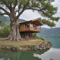 Una casa de madera en un árbol frondoso, con un fondo montañoso y prados verdes con árboles y al fondo un lago y un riachuelo en frente de la casa del árbol