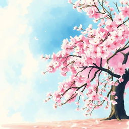 A beautiful cherry blossom tree in full bloom, with delicate pink flowers covering the branches and a serene blue sky in the background