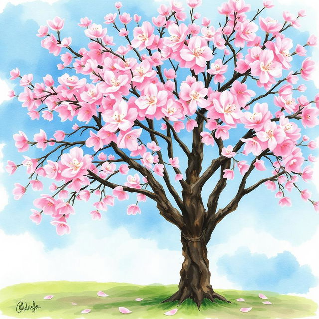 A beautiful cherry blossom tree in full bloom, with delicate pink flowers covering the branches and a serene blue sky in the background