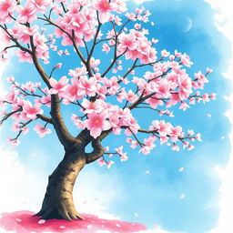 A beautiful cherry blossom tree in full bloom, with delicate pink flowers covering the branches and a serene blue sky in the background