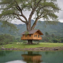 Una casa de madera en un árbol frondoso, con un fondo montañoso y prados verdes con árboles y al fondo un lago y un riachuelo en frente de la casa del árbol