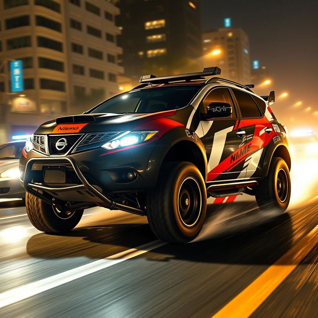 An exhilarating scene featuring a 2010 Nissan Murano Z51, fully customized in a race tuning style with a bold Nismo livery