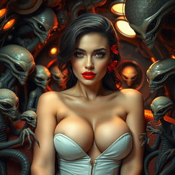 A stunning American woman with big breasts, bathed in soft lighting, wearing striking red lipstick