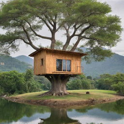 Una casa de madera en un árbol frondoso, con un fondo montañoso y prados verdes con árboles y al fondo un lago y un riachuelo en frente de la casa del árbol